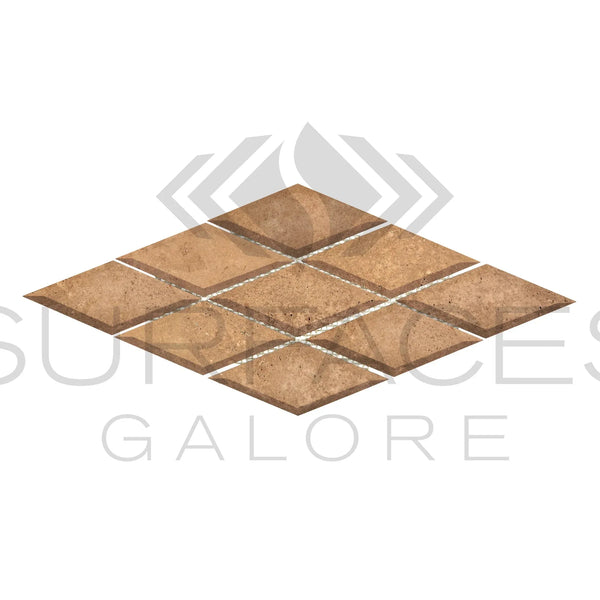 Diamond-patterned brown tile mosaic in Noce Travertine 3X6 Deep-Beveled design