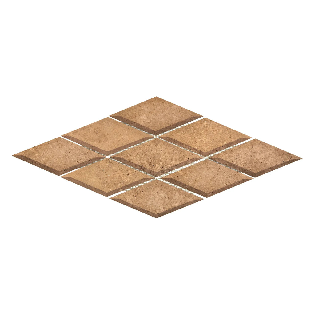 Diamond-patterned brown floor tiles in Noce Travertine 3X6 Deep-Beveled Mosaic