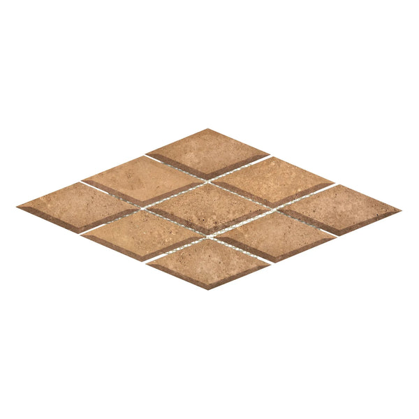 Diamond-patterned brown floor tiles in Noce Travertine 3X6 Deep-Beveled Mosaic