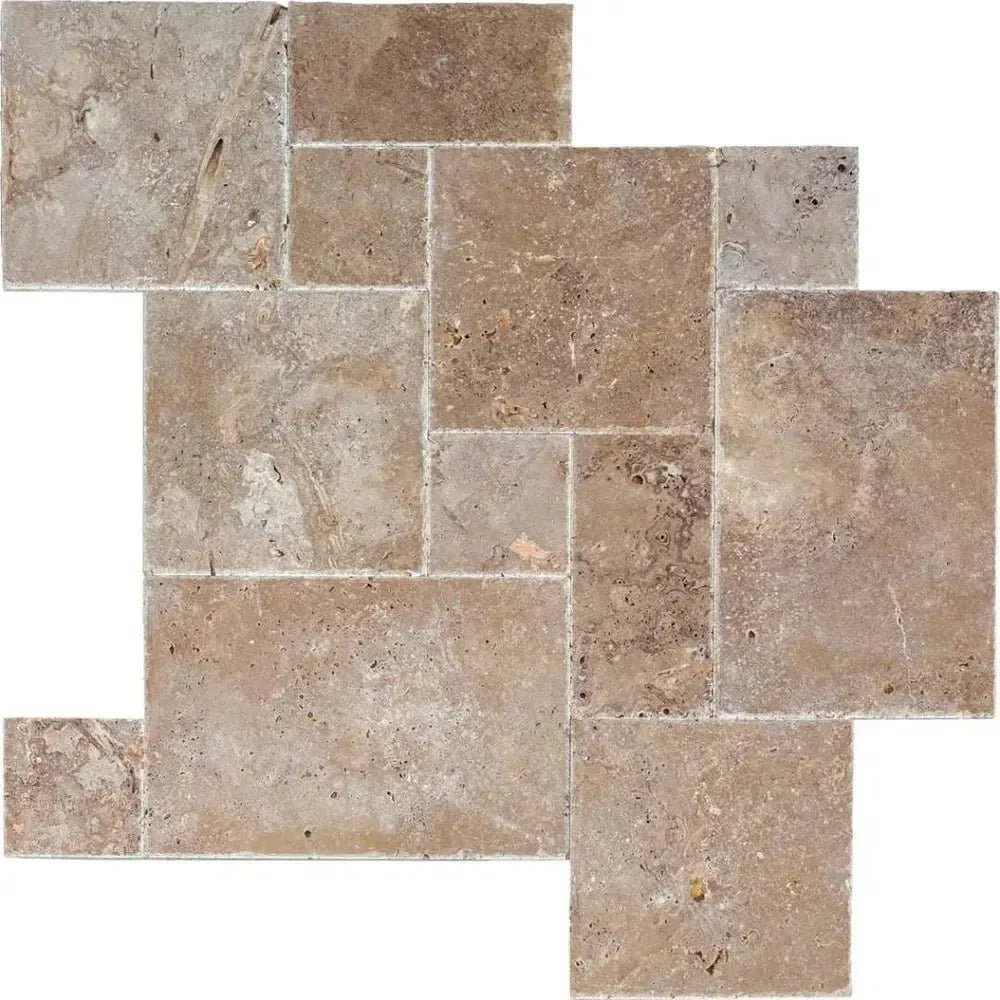 Tumbled travertine tile mosaic, Noce Brown in Versailles pattern set, unfilled and chiseled