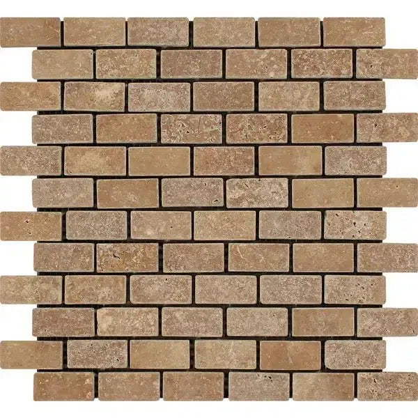 Tan Brick Mosaic Tile in Noce Travertine 5/8X1 1/4 Mini-Brick Tumbled Finish