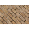 Herringbone pattern of tan brick pavers in Noce Travertine Mini-Brick Mosaic