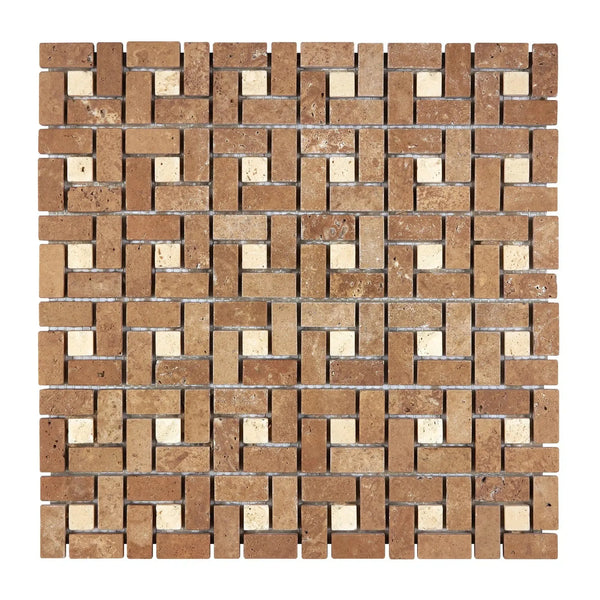 Geometric patterned tile mosaic in Noce Travertine with Ivory dots tumbled finish