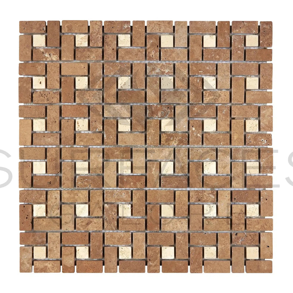 Geometric Noce Travertine 5/8X1 1/4 Pinwheel Mosaic tile with Ivory dots