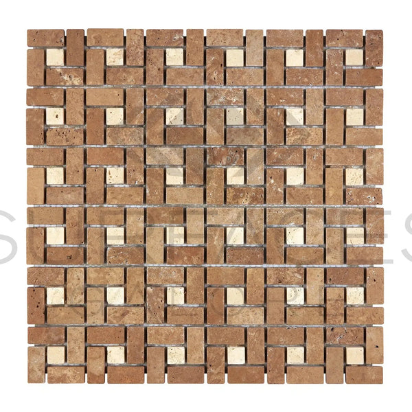 Geometric Noce Travertine 5/8X1 1/4 Pinwheel Mosaic tile with Ivory dots