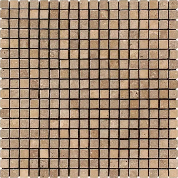 Square mosaic tile sheet of Noce Brown Travertine 5/8X5/8 Tumbled design