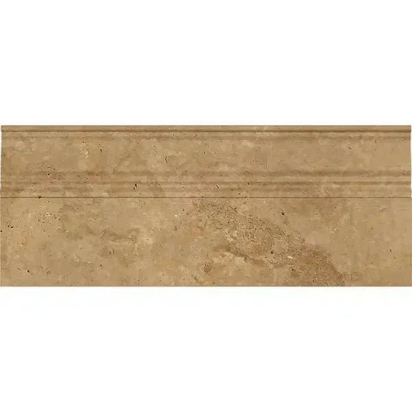 Beige travertine border tile on Noce Brown Travertine 5x12 baseboard trim honed