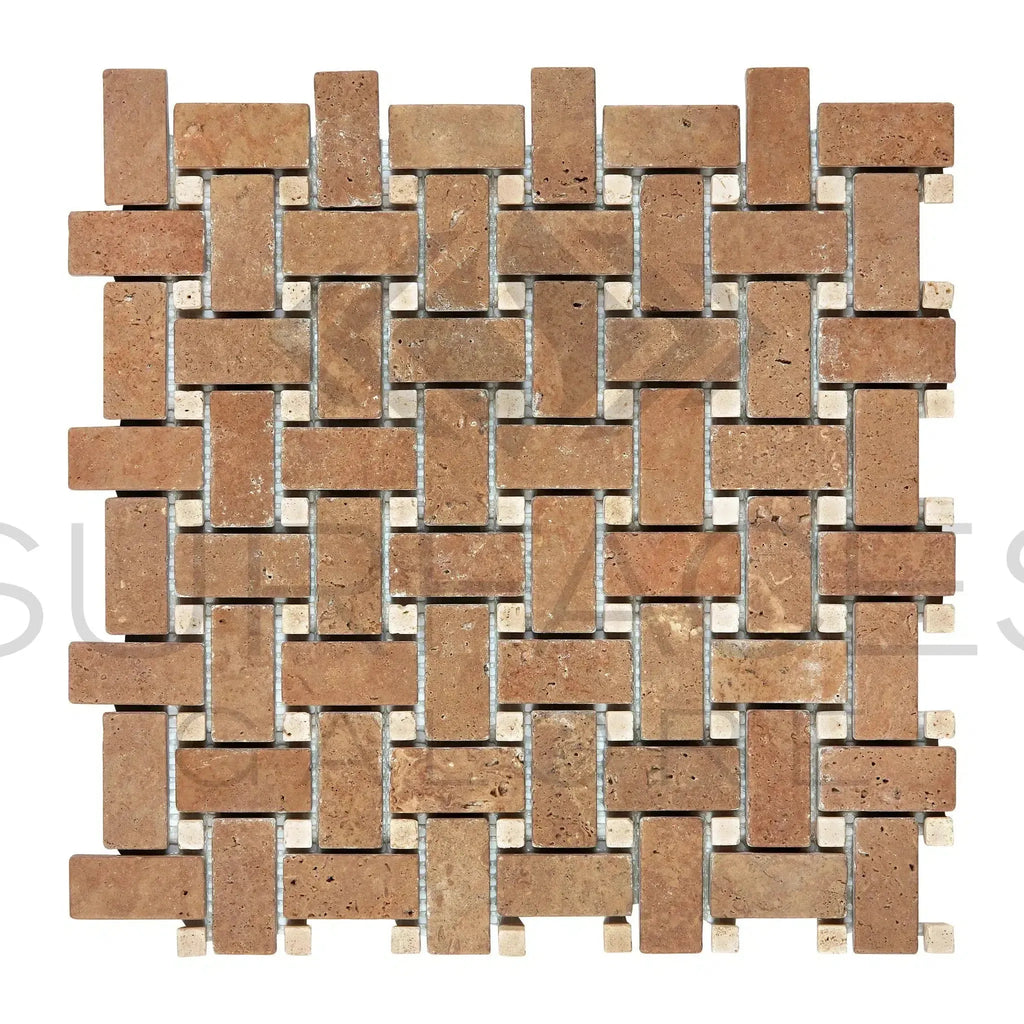 Woven brick and stone mosaic tile of Noce Travertine with ivory dots