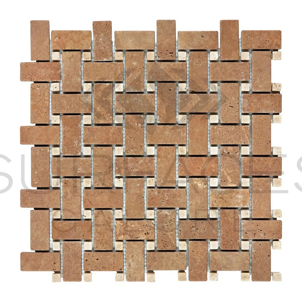 Woven brick and stone mosaic tile of Noce Travertine with ivory dots