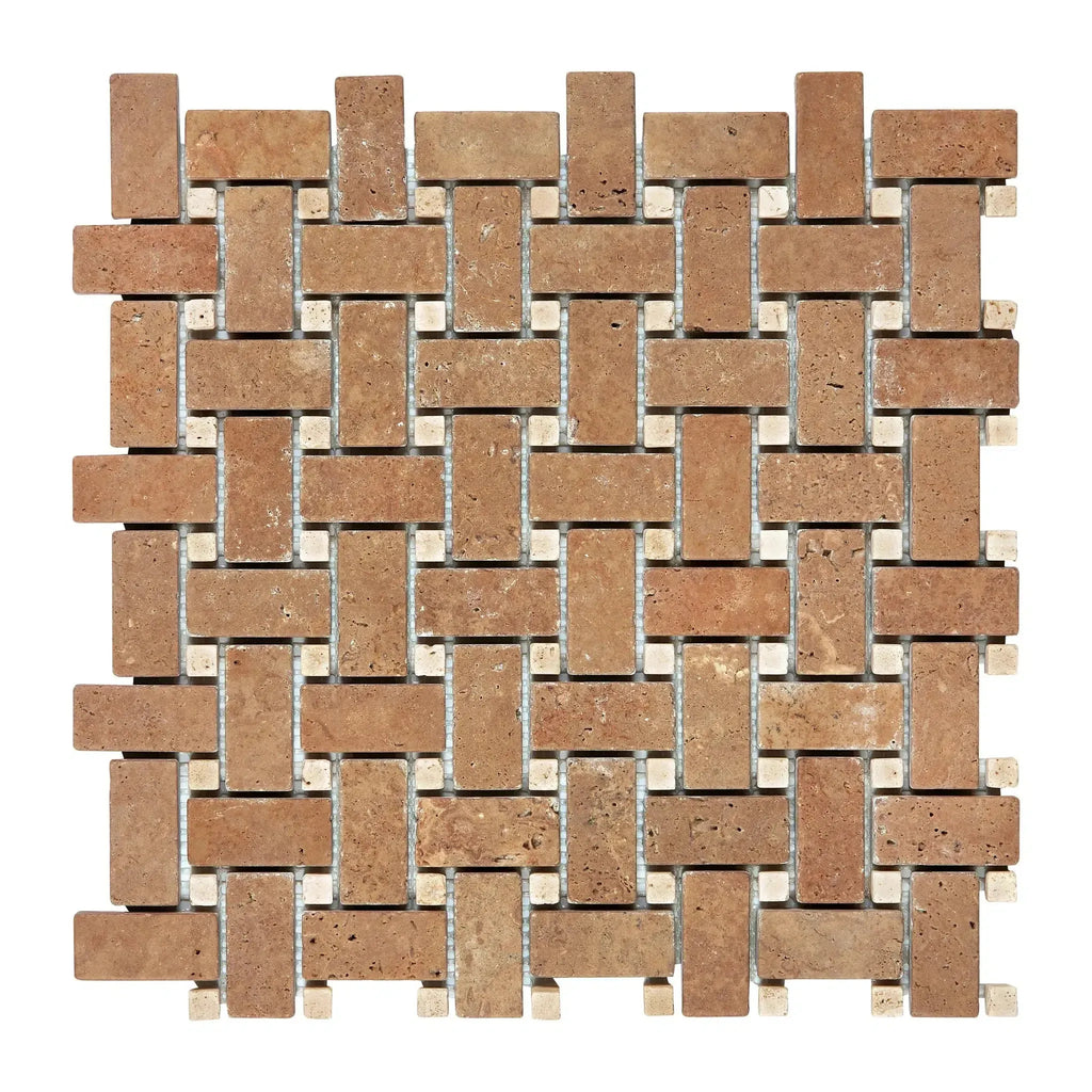 Interwoven brown and beige stone mosaic tile Noce Travertine with ivory dots