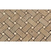 Herringbone pattern of tan and beige tiles in Noce Travertine Basketweave Mosaic