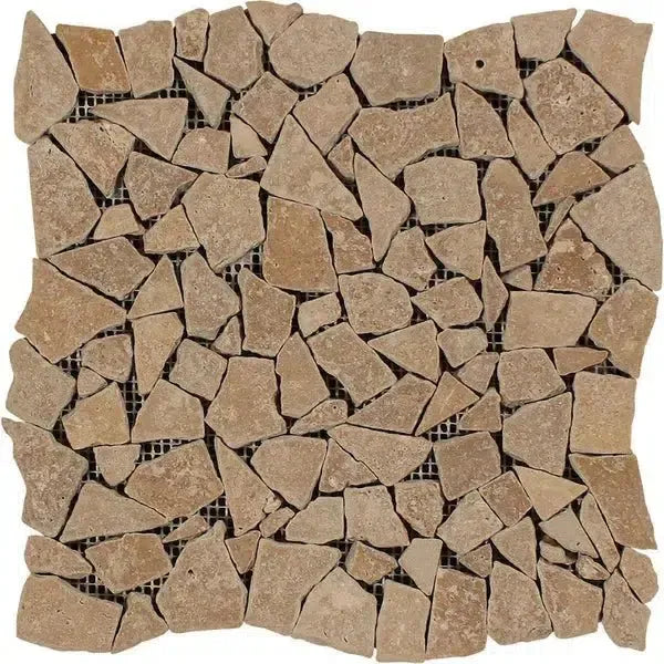 Tan stone mosaic tile sheet from Noce Travertine Flat Pebble Mosaic Tumbled