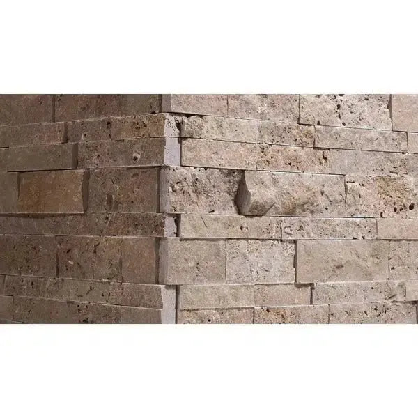 Textured corner of Noce Brown Travertine Ledger-Panel Mosaic Split-Faced stone wall