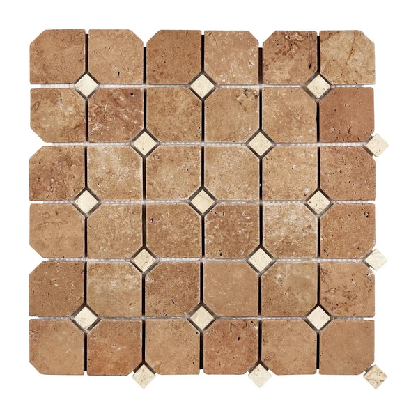 Noce Travertine Octagon Mosaic with Ivory Dots Tumbled Tile for elegant decor