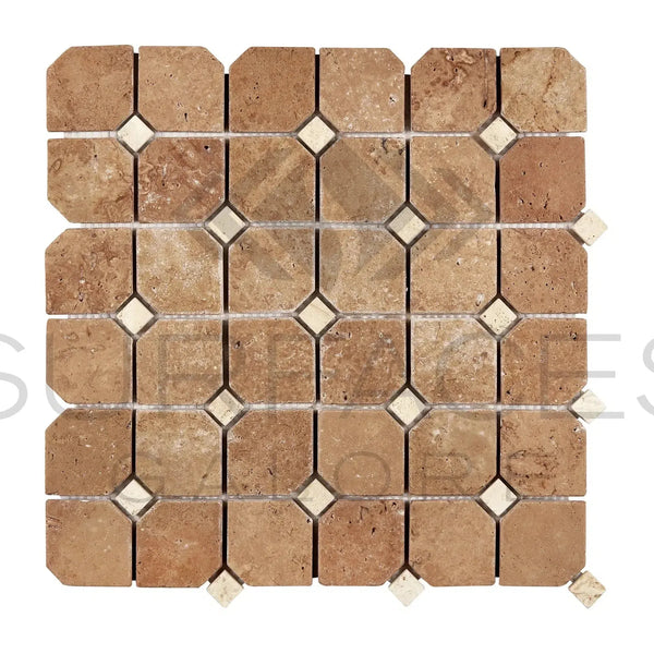 Noce Travertine Octagon Mosaic with Ivory Dots in a decorative tile pattern