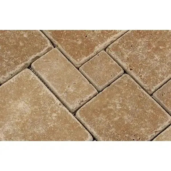 Tan brick pavers featured in Noce Travertine OPUS Mini-Pattern mosaic design