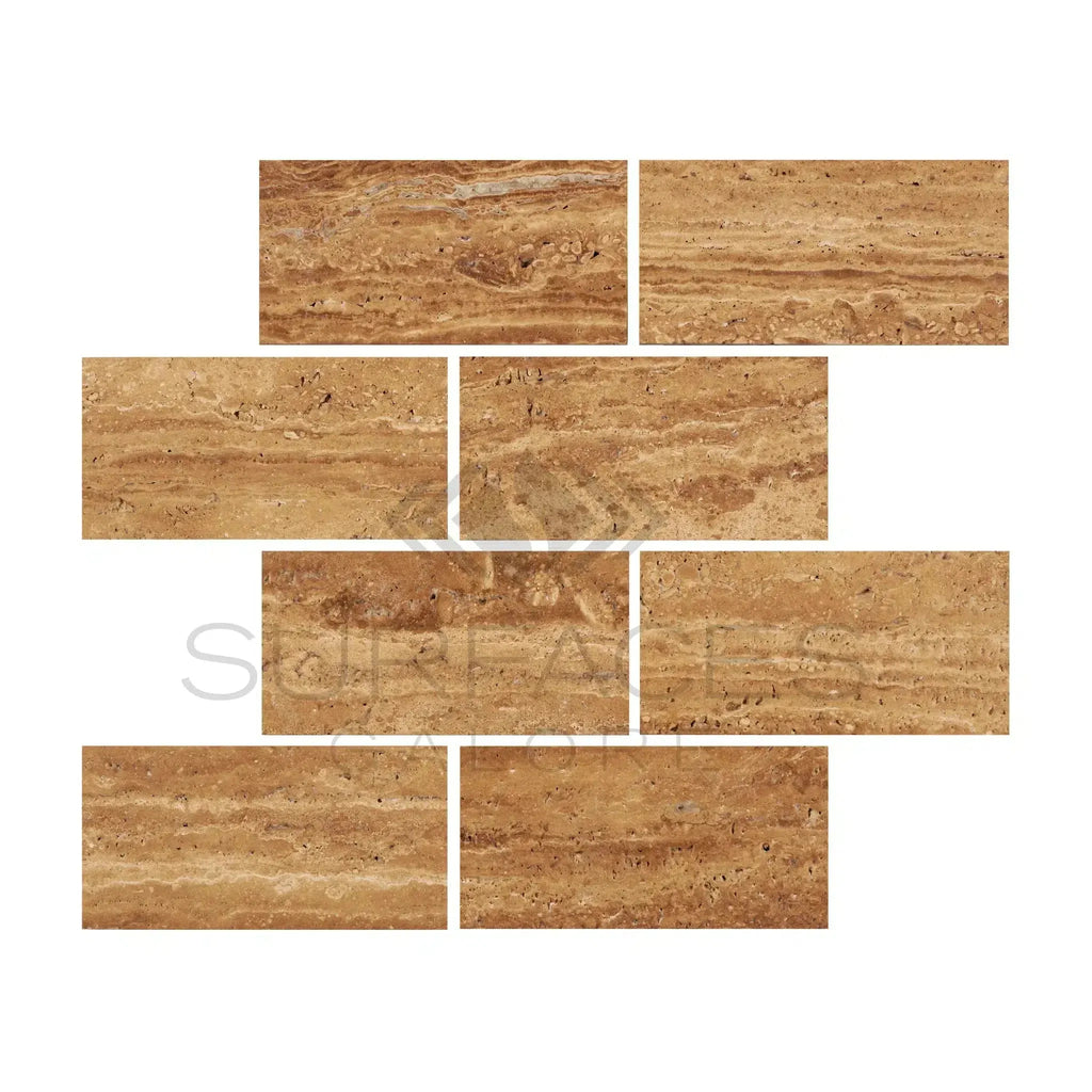 Noce Exotic 12X24 Vein-Cut Travertine Filled Polished or Honed stone tile arrangement