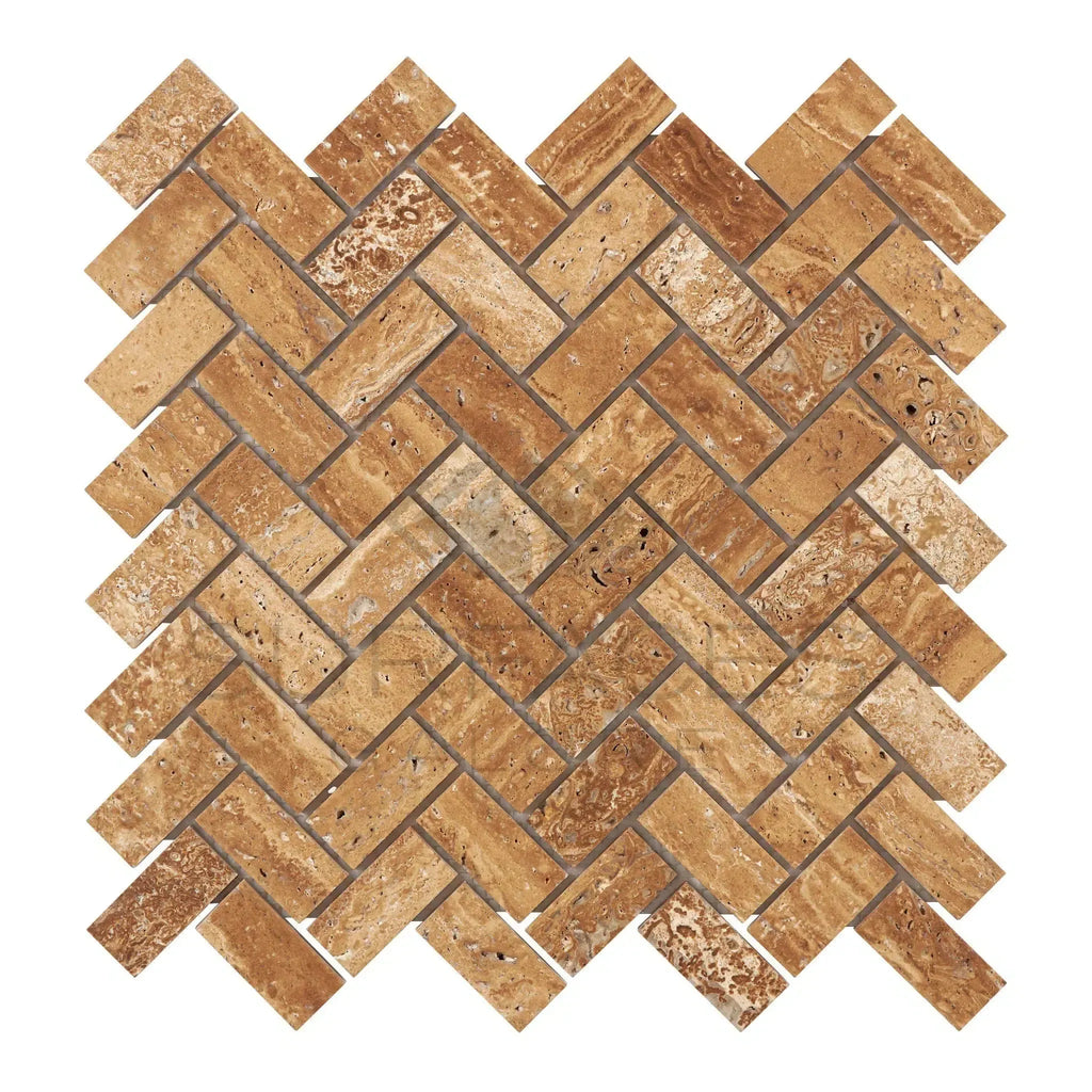 Herringbone pattern of Noce Exotic 1X2 Travertine Mosaic tiles in natural finish