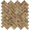 Herringbone pattern of Noce Exotic 1X2 Travertine Mosaic, unfilled and polished