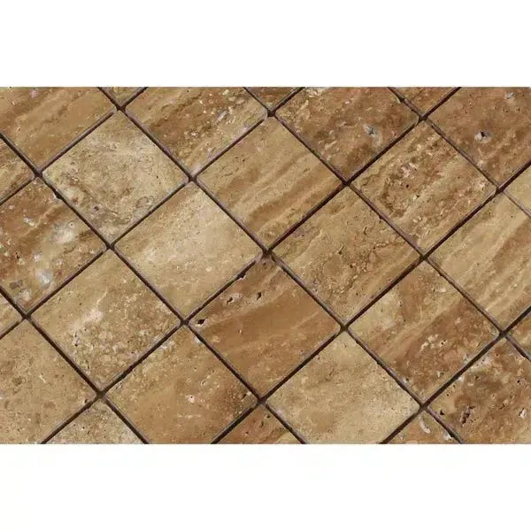 Tumbled travertine mosaic tile in Noce Exotic 2X2 Mosaic Vein-Cut design