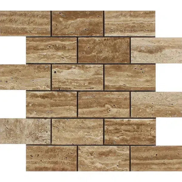 Noce Exotic 2X4 Brick Mosaic Vein-Cut Travertine Unfilled and Brushed Tile Display