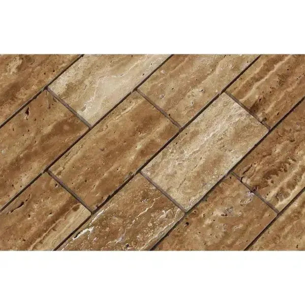 Noce Exotic 2X4 Brick Mosaic Vein-Cut Travertine Unfilled and Brushed flooring image