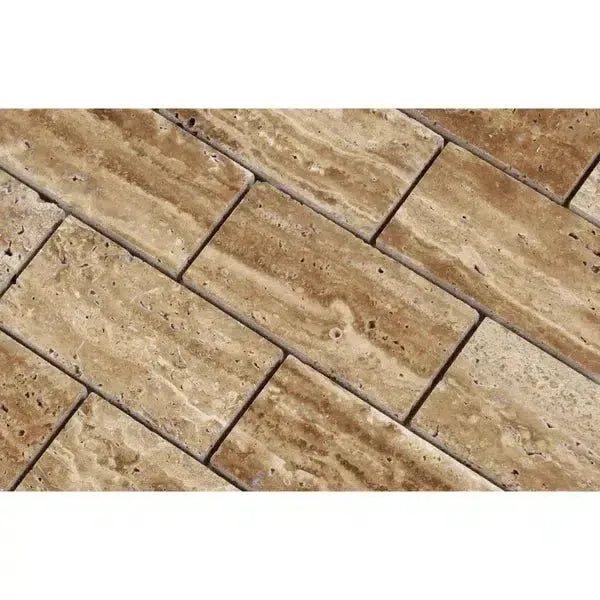 Noce Exotic 2X4 Brick Mosaic Vein-Cut Travertine in a classic brick pattern design