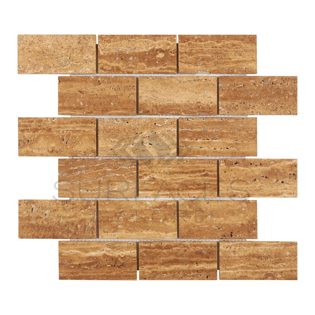 Noce Exotic 3X6 Vein-Cut Travertine Unfilled and Brushed Brick Mosaic Tile