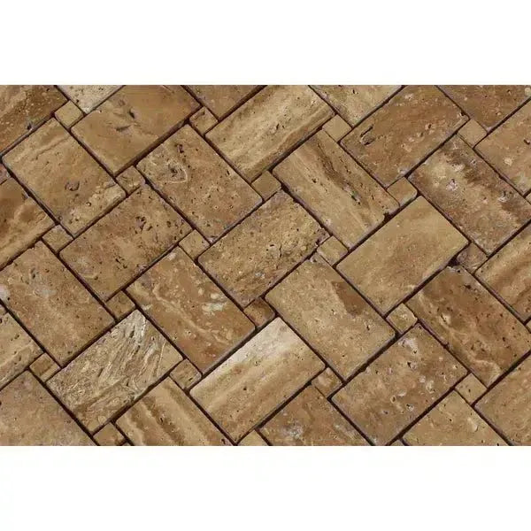 Herringbone pattern of Noce Exotic Basketweave Travertine Mosaic tiles