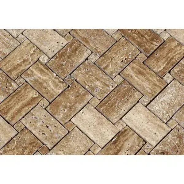 Herringbone travertine tile pattern in Noce Exotic Basketweave and Dots Mosaic design