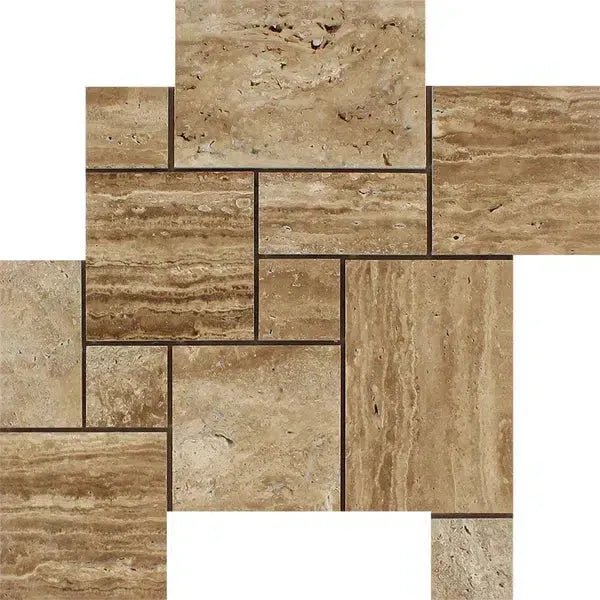 Noce Exotic OPUS Mini-Pattern Travertine Mosaic showcasing a stylish vein-cut design