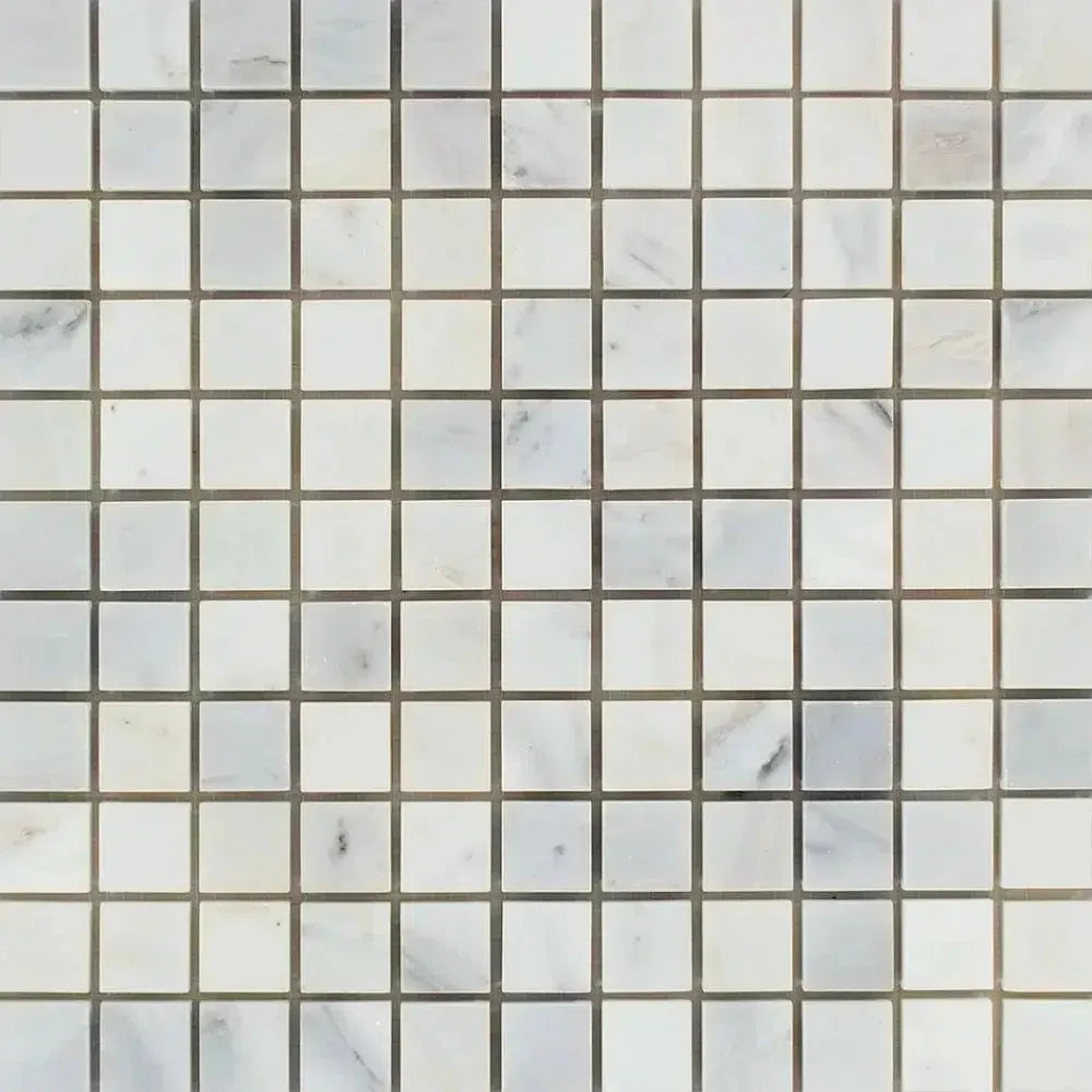 Square white marble mosaic tile in Oriental White / Asian Statuary design