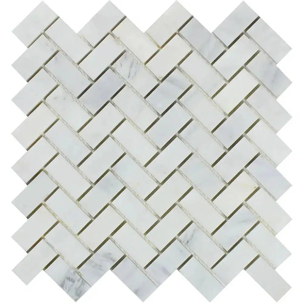 White marble herringbone mosaic tile from Oriental White Asian Statuary collection