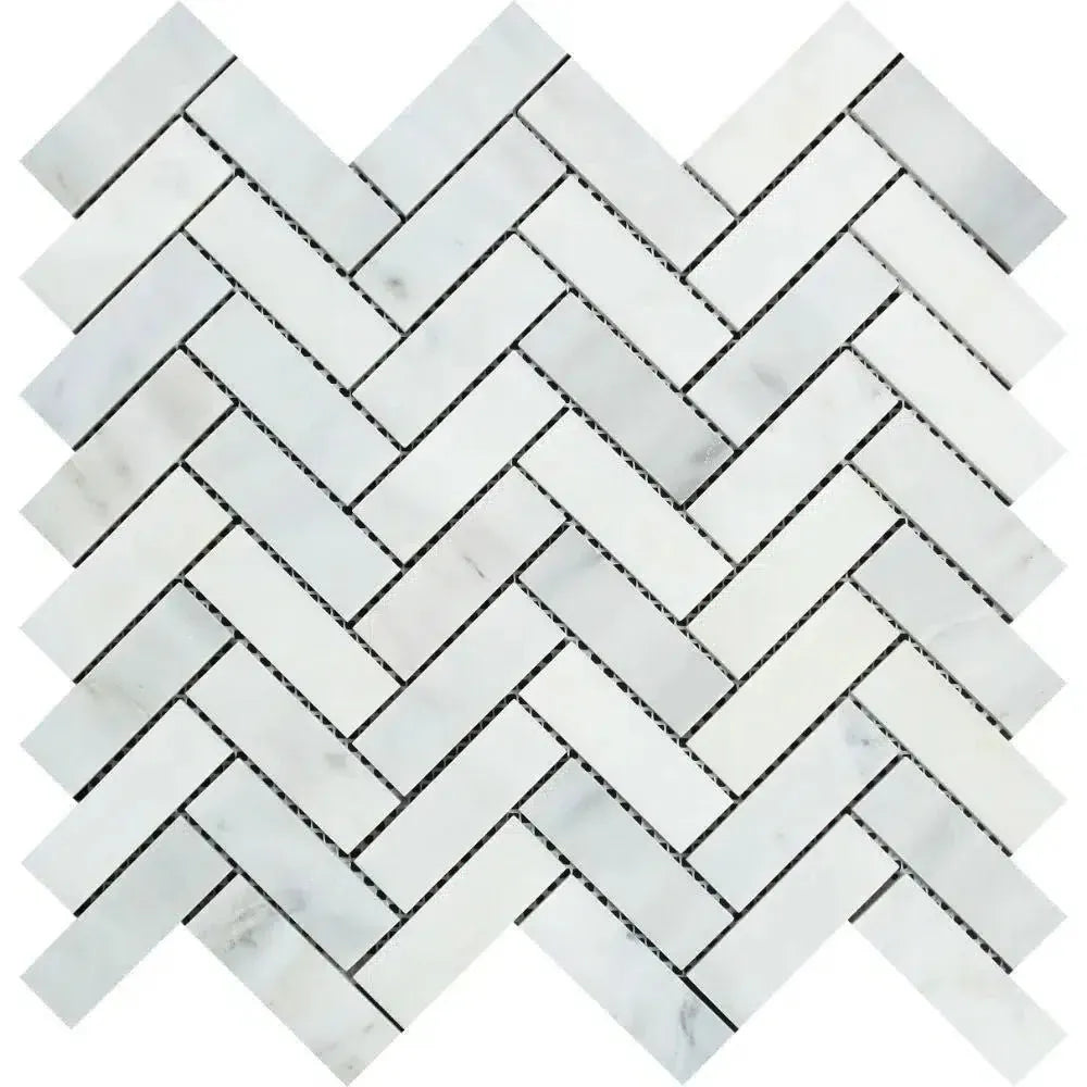 White marble herringbone tile from Oriental White Asian Statuary 1X3 mosaic collection