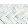 White marble herringbone tile in Oriental White Asian Statuary mosaic design