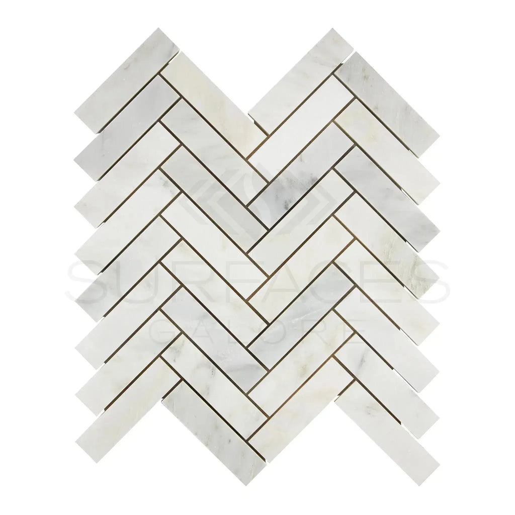 Herringbone marble tile pattern of Oriental White Asian Statuary mosaic polished finish