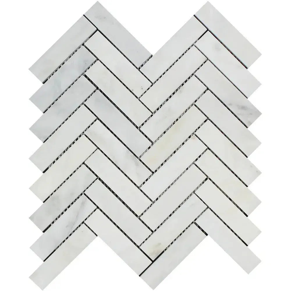 White marble herringbone tile pattern in Oriental White Asian Statuary 1X4 mosaic