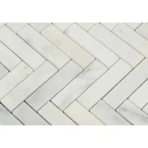 White herringbone tile pattern from Oriental White Asian Statuary marble mosaic