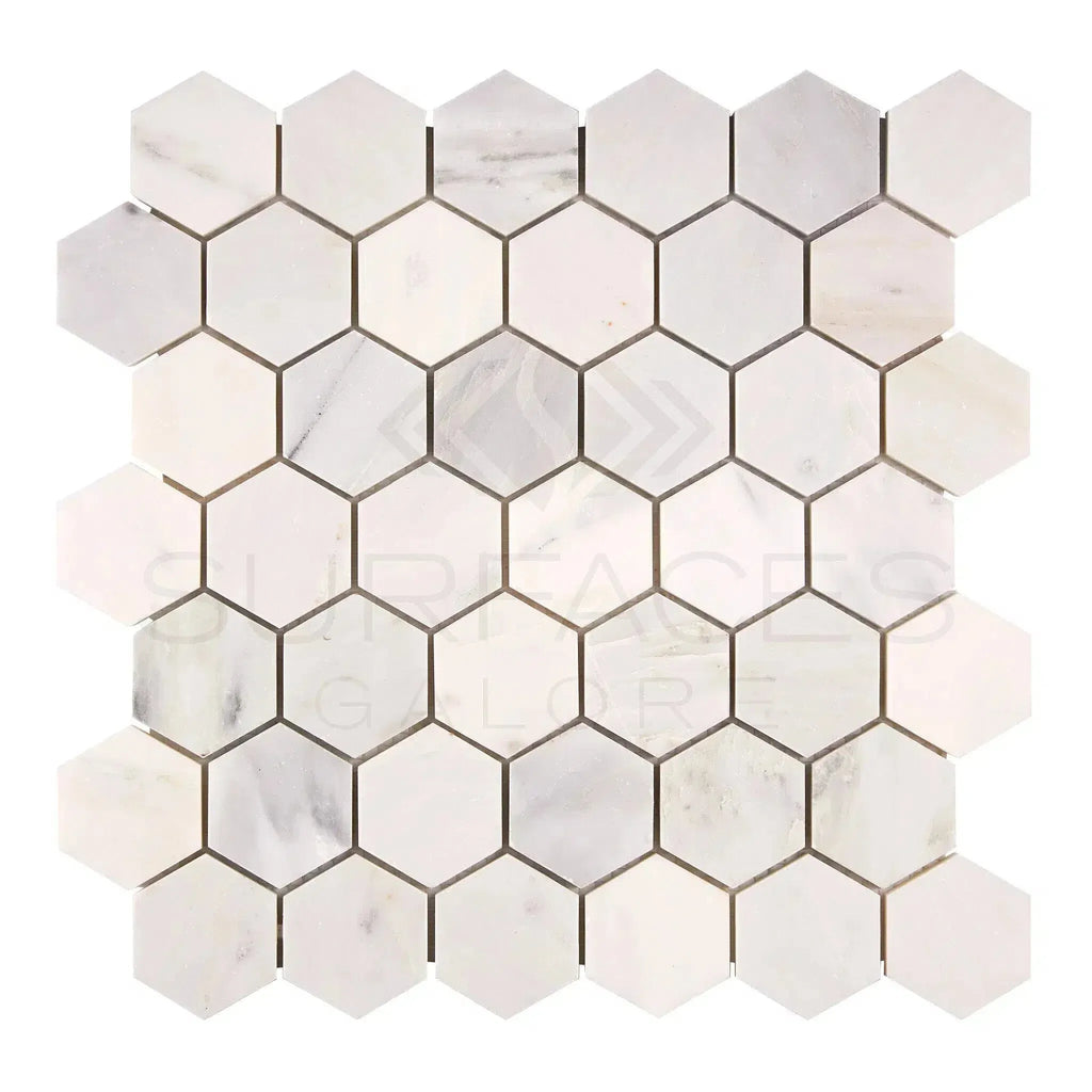 Hexagonal marble mosaic tile sheet in Oriental White and Asian Statuary design