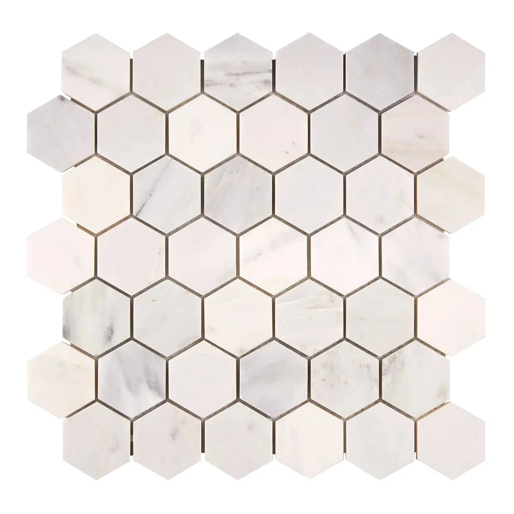 White marble hexagon tile mosaic from Oriental White Asian Statuary collection