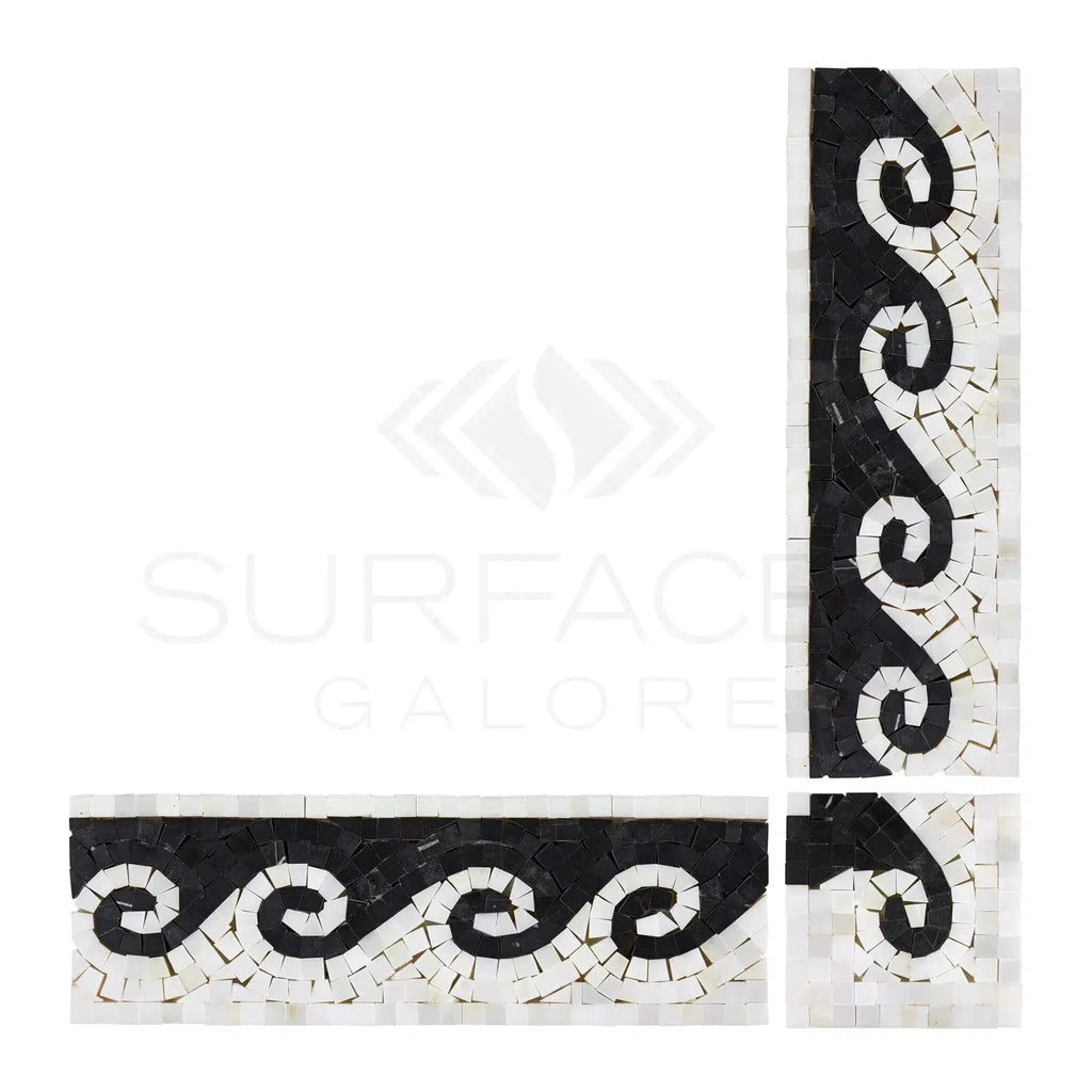 Black and white mosaic border design on Oriental White Asian Statuary wave border tile