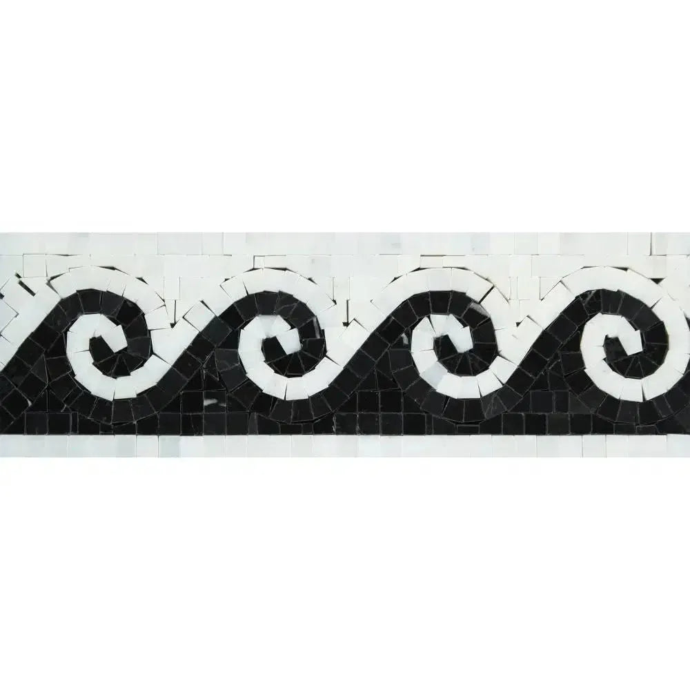 Black and white mosaic wave border in Oriental White Asian Statuary tile design