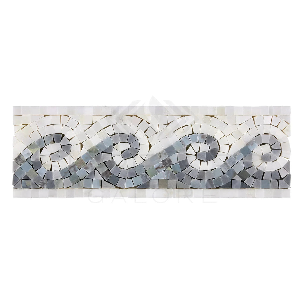 Mosaic tile border featuring wave pattern in Oriental White with blue-gray dots