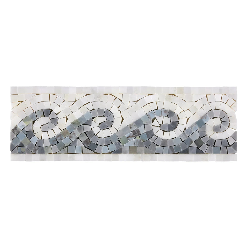 Mosaic tile border featuring wave pattern with blue-gray dots for Oriental White design