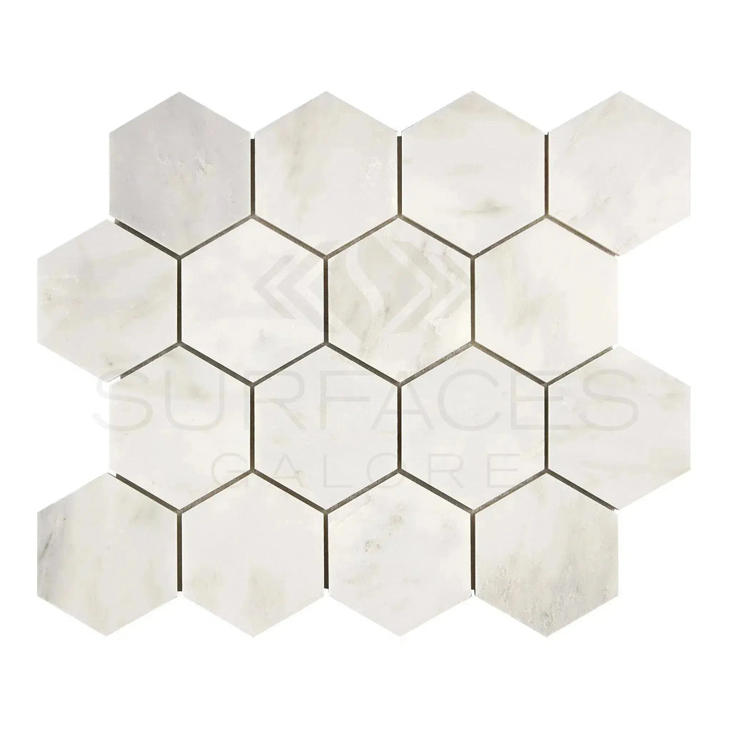 Hexagonal marble tile mosaic in Oriental White Asian Statuary 3 inch polished or honed