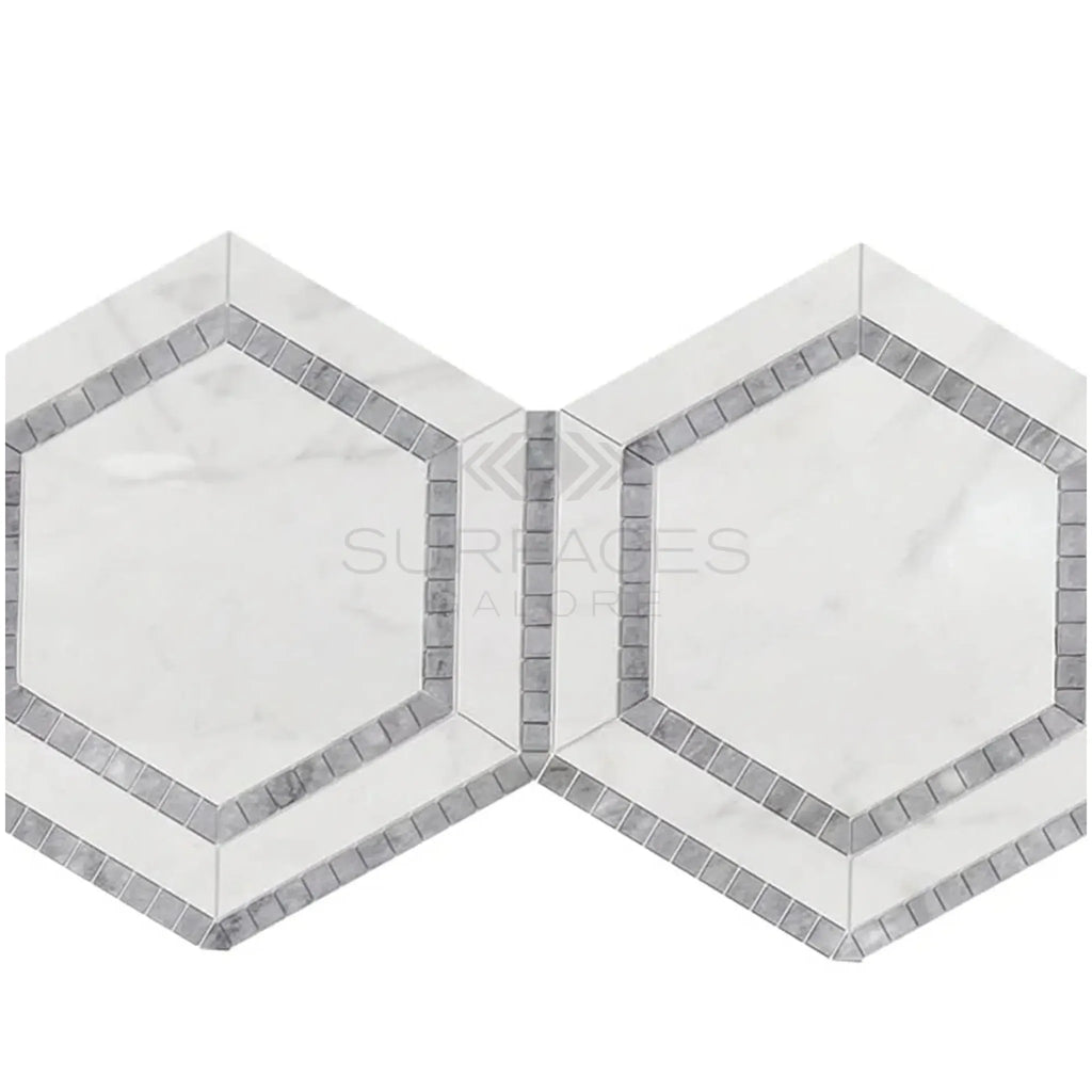 Interlocking hexagon marble mosaic tiles in Oriental White and Blue-Gray colors