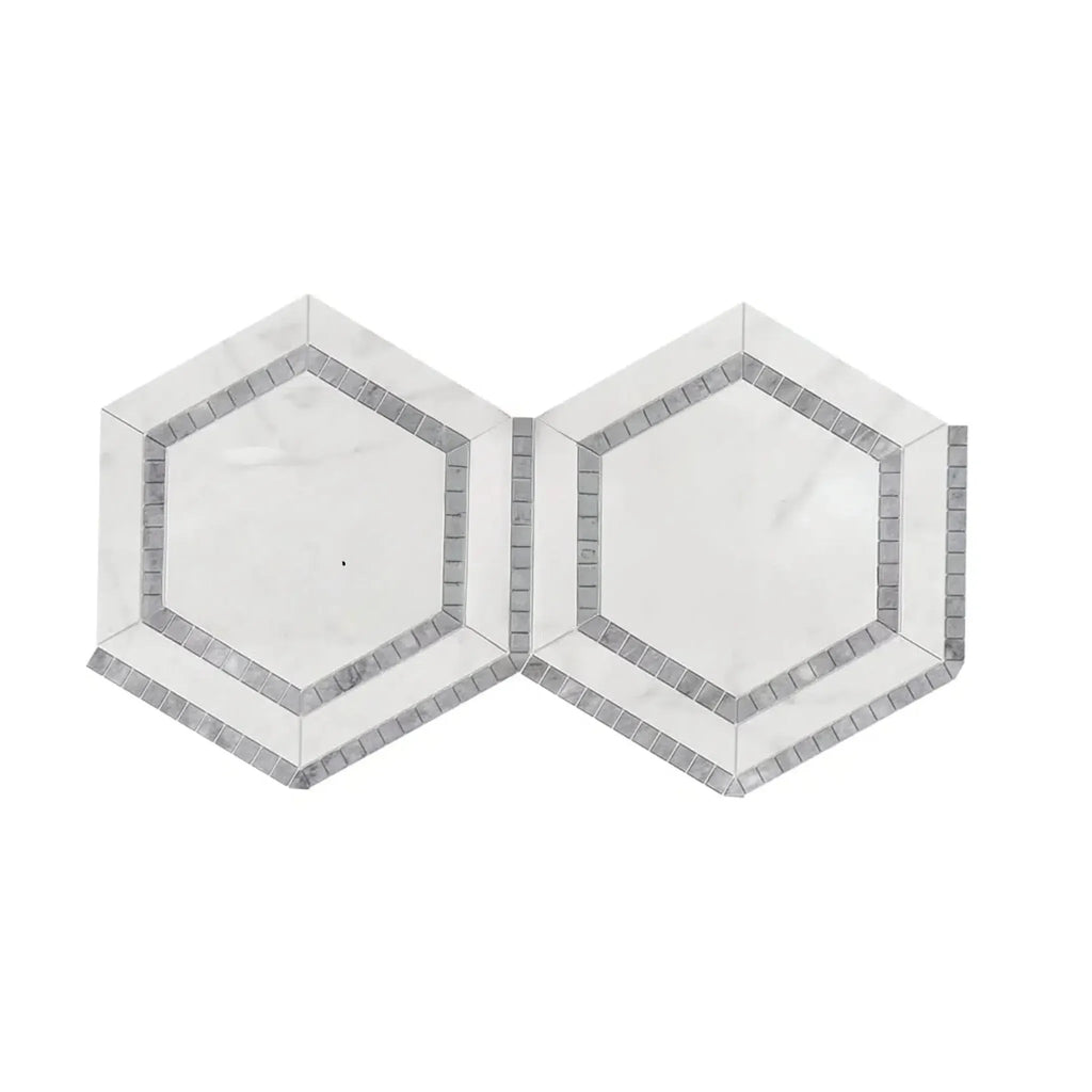 Two white and gray hexagon tiles from Oriental White Asian Statuary mosaic collection