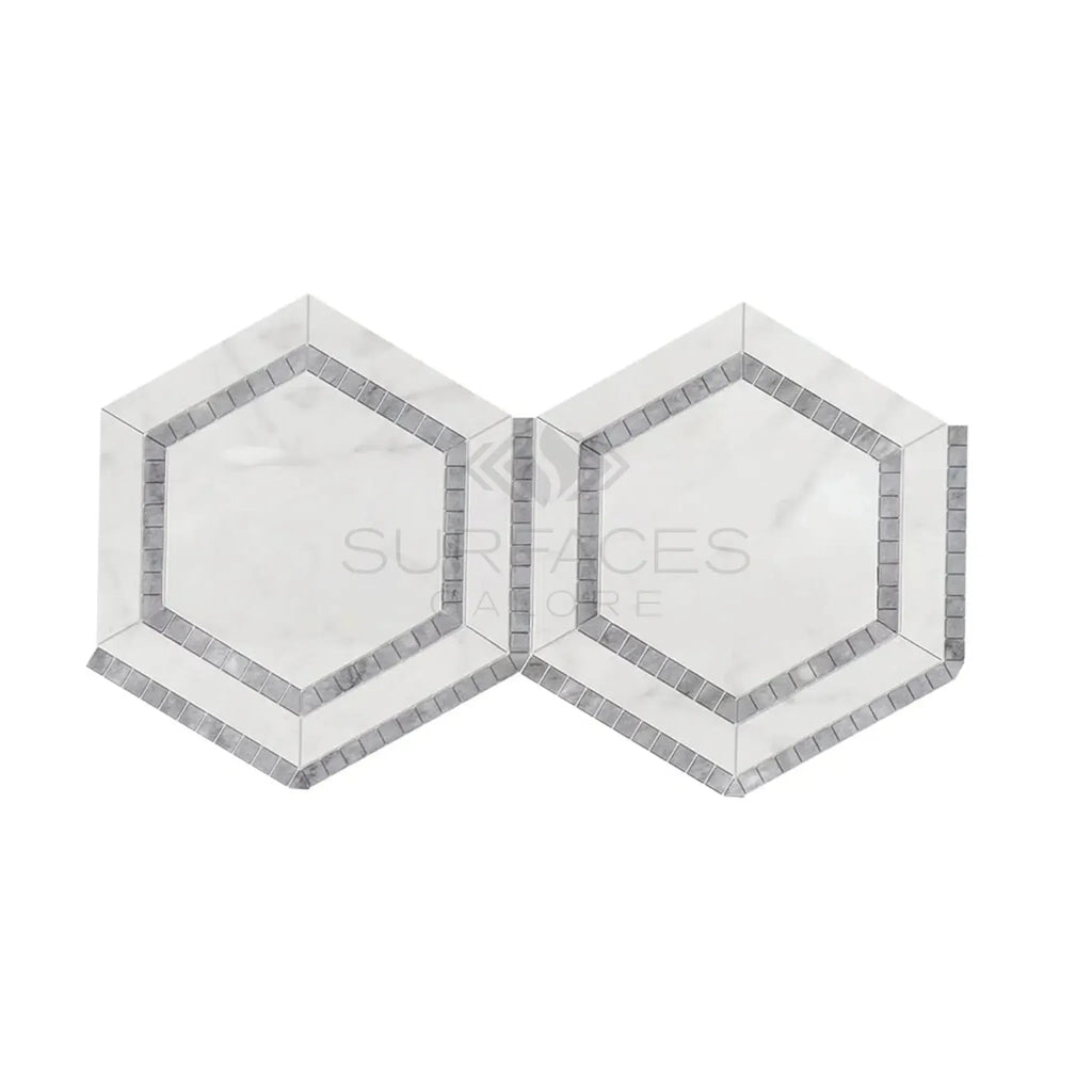 Two white hexagon tiles with gray borders from Oriental White and Asian Statuary mosaic