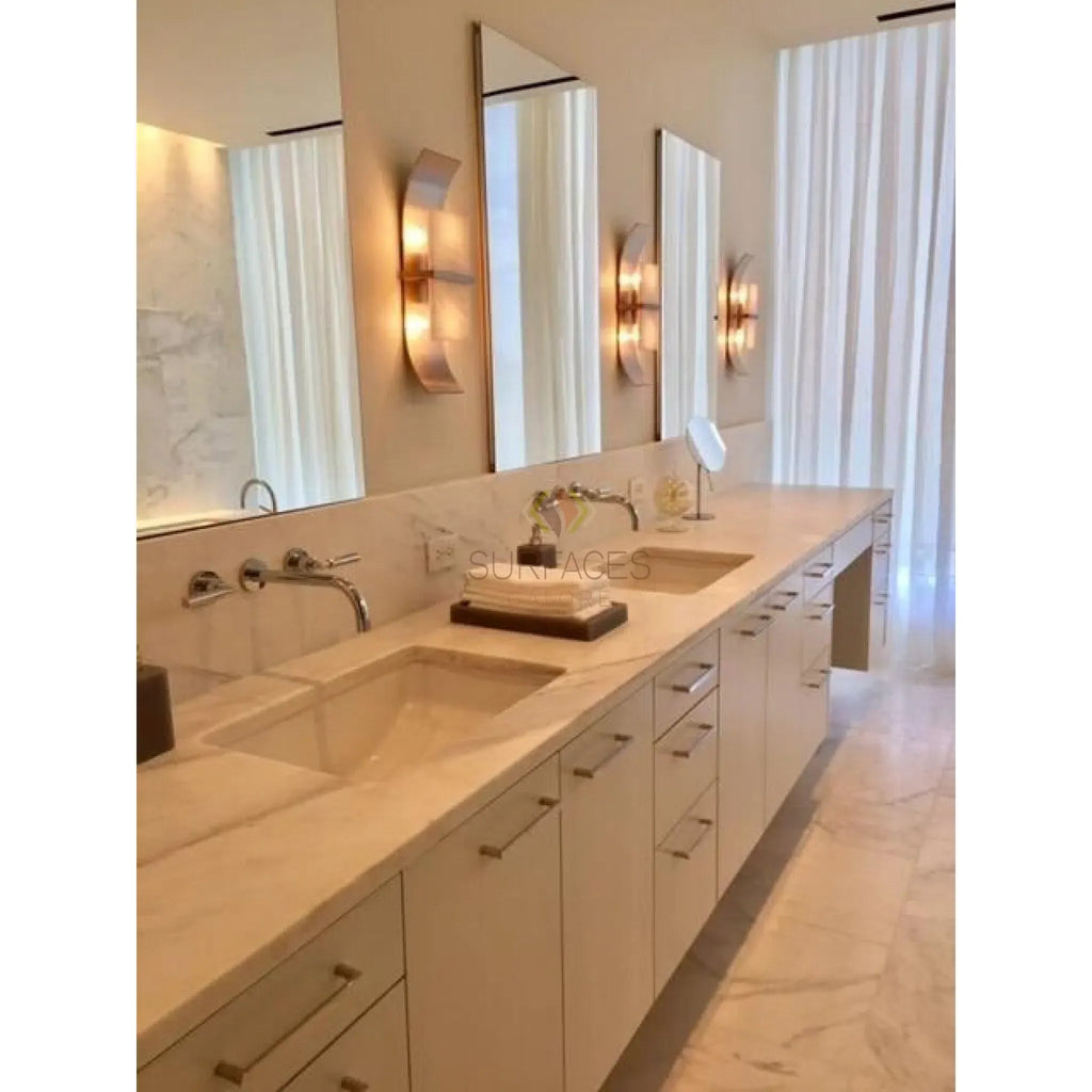 Bathroom vanity with double sinks featuring Oriental White Hexagon Marble Mosaic