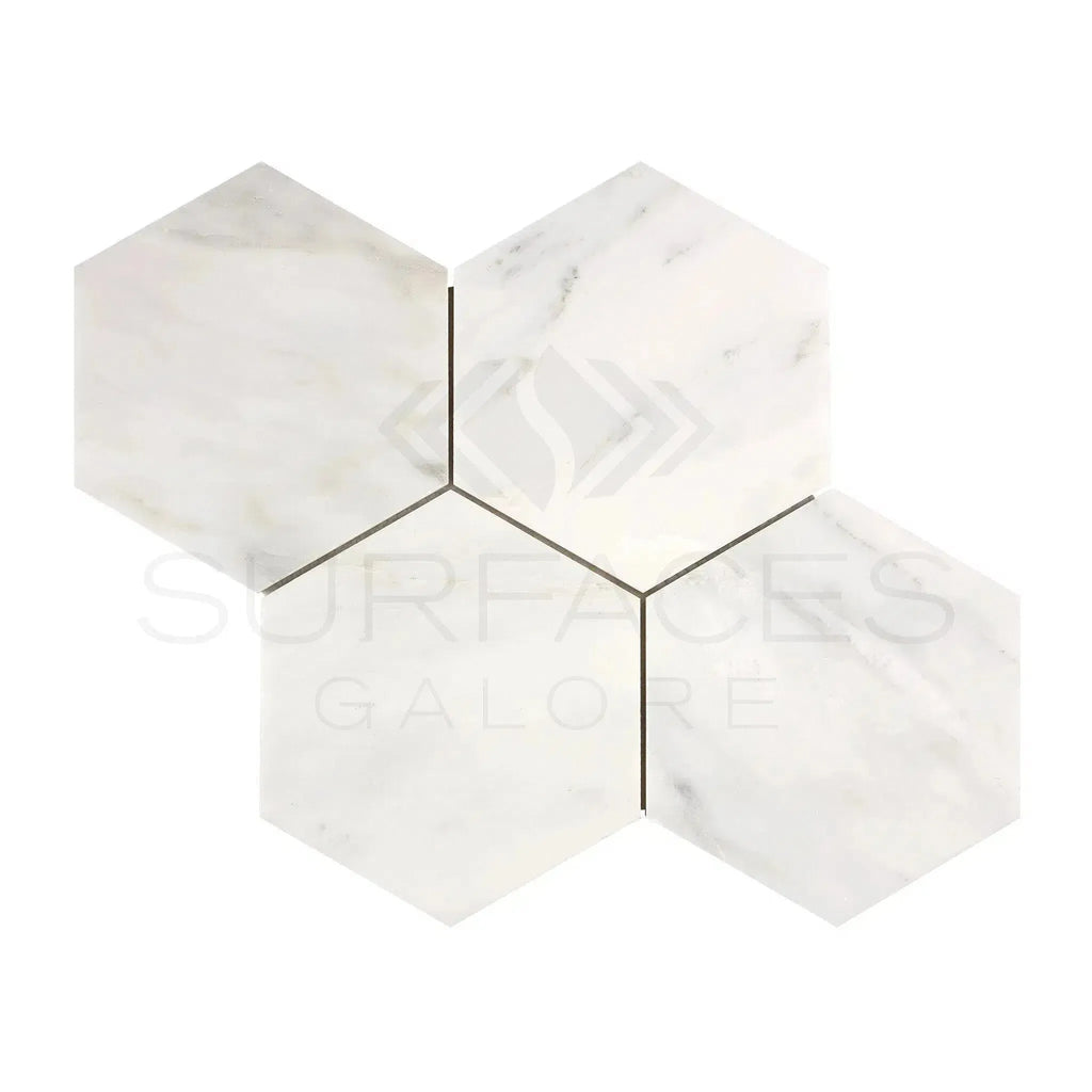 White marble hexagon tiles from Oriental White Asian Statuary 6-inch mosaic collection